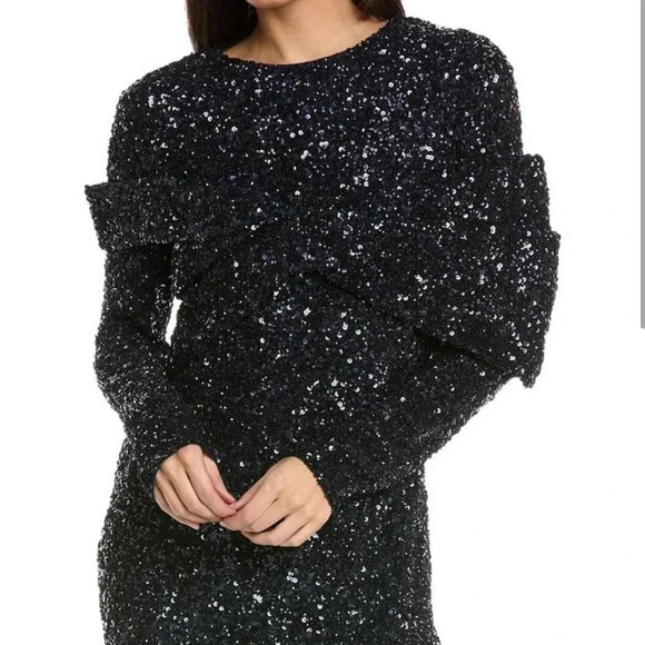 NWT Rachel Gilbert Mirella Sequin Navy Midi Dress Bow Sash Long Sleeve Size 8 - Picture 5 of 12
